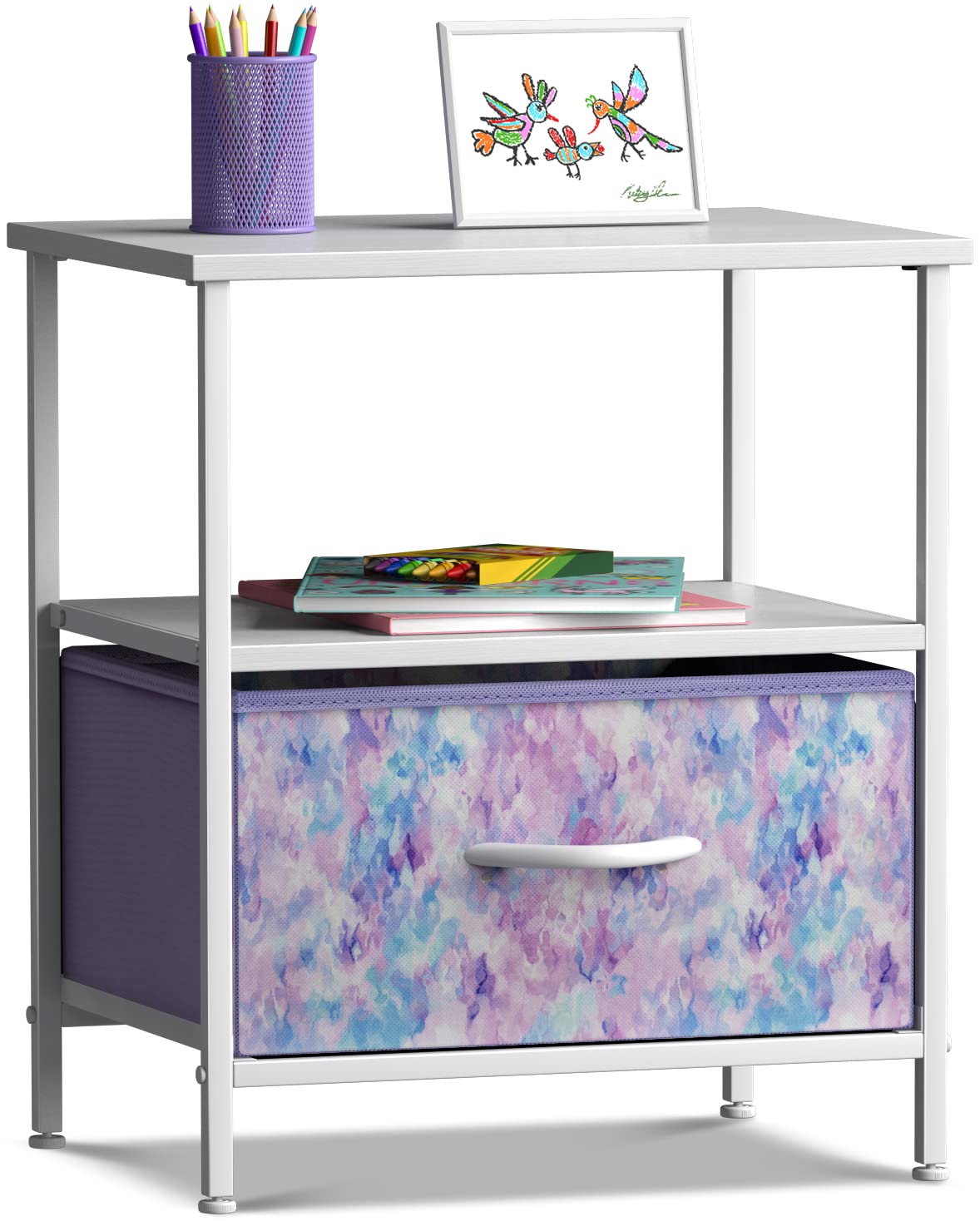 Storage Nightstand - Kids Bedside Furniture End Table Night Stand with Steel Frame Wood