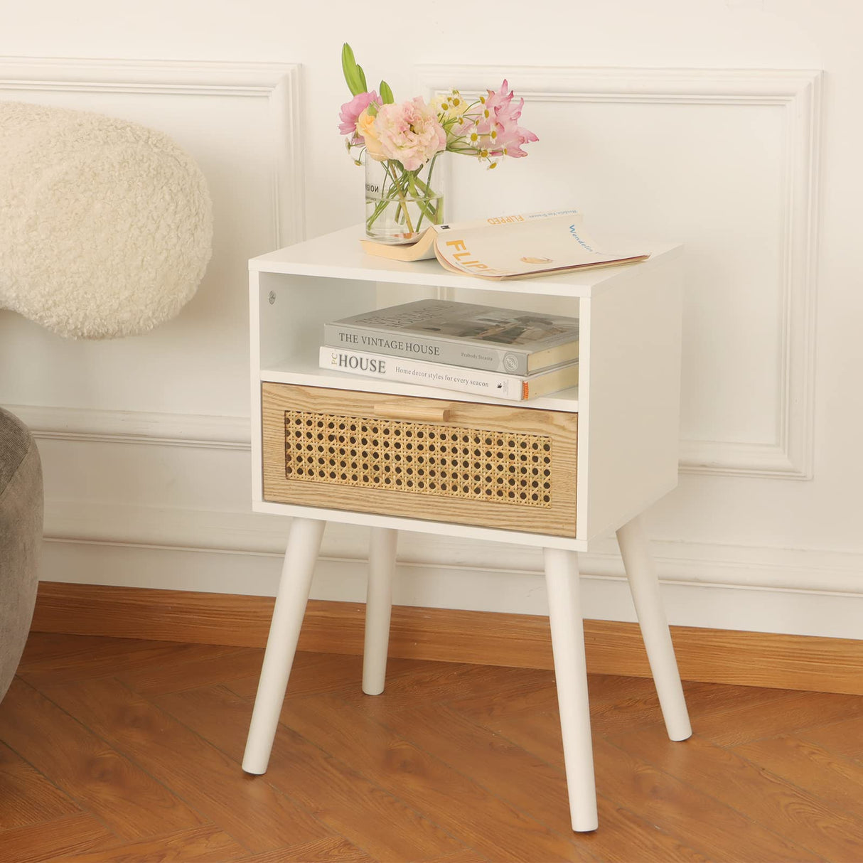 White Nightstand with Drawer, Mid Century Modern Nightstand, Rattan Side Table