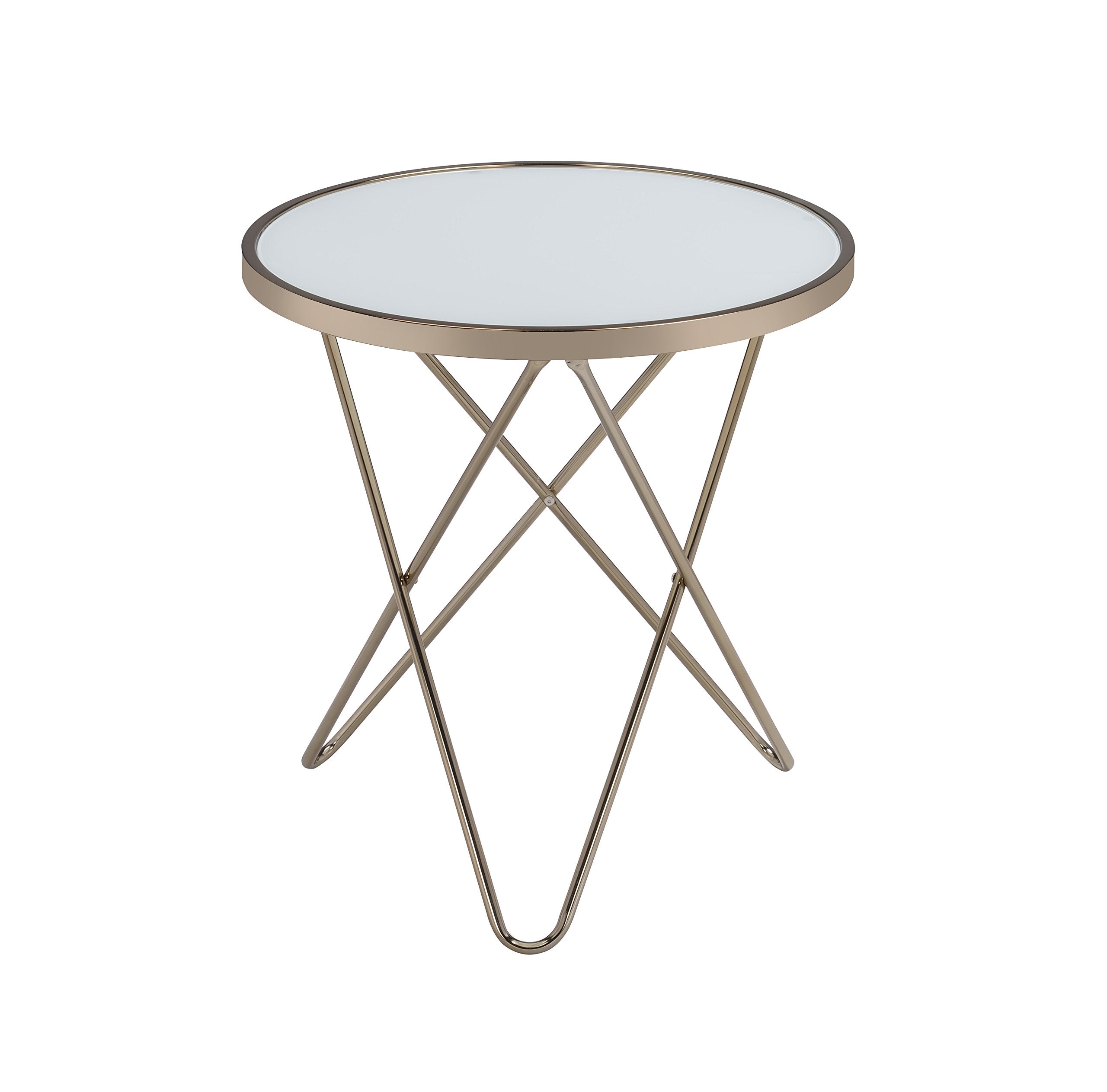 Valora Round Glass Top End Table in White Glass and Gold