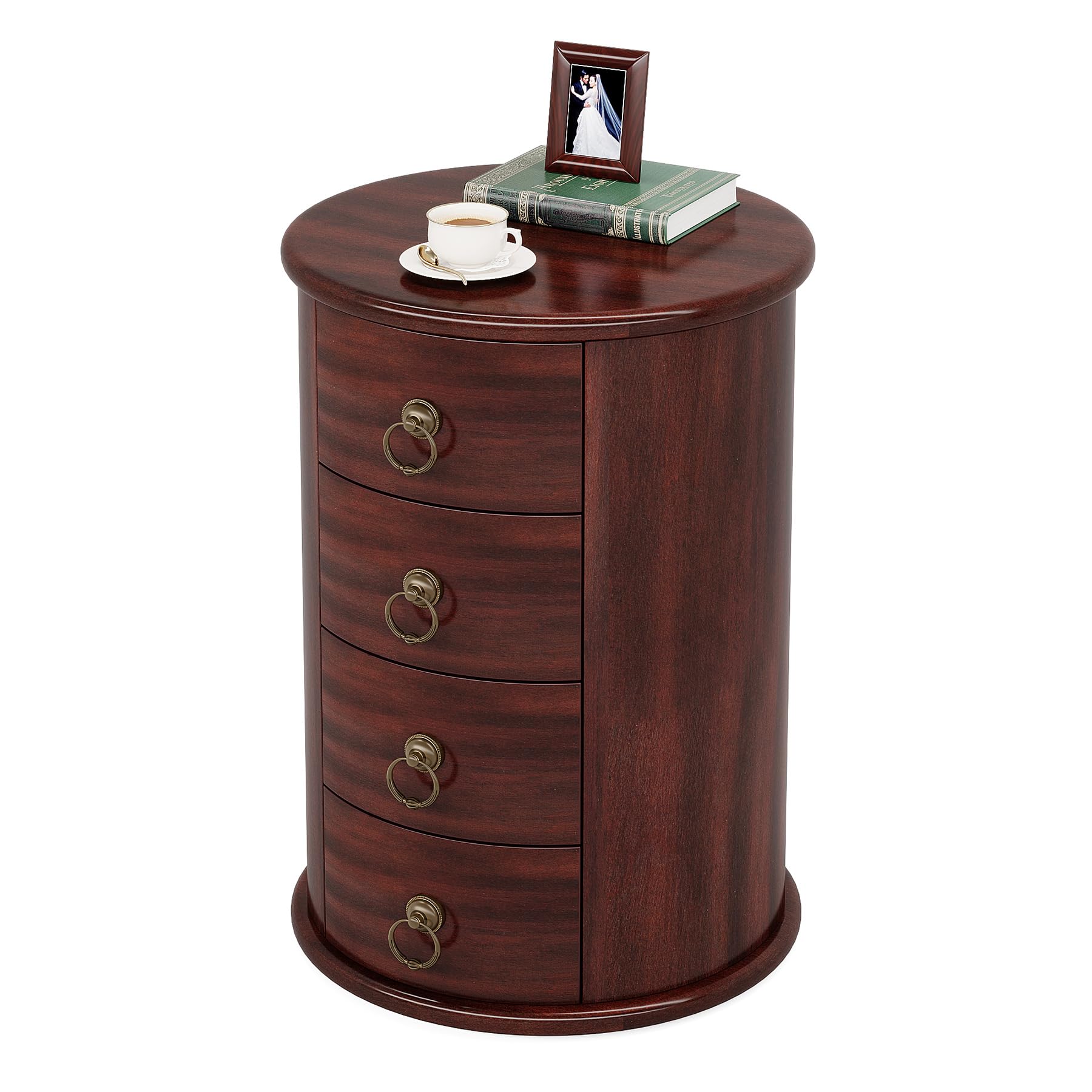 Solid Wood End Table, Round Side Table with 4 Drawers, Vintage Bedside Table