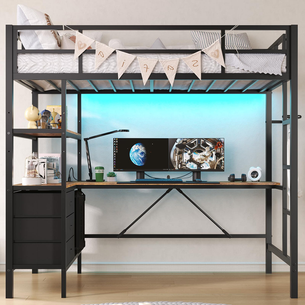 Twin Metal Loft Bed with L-Shaped Desk, LED Lights