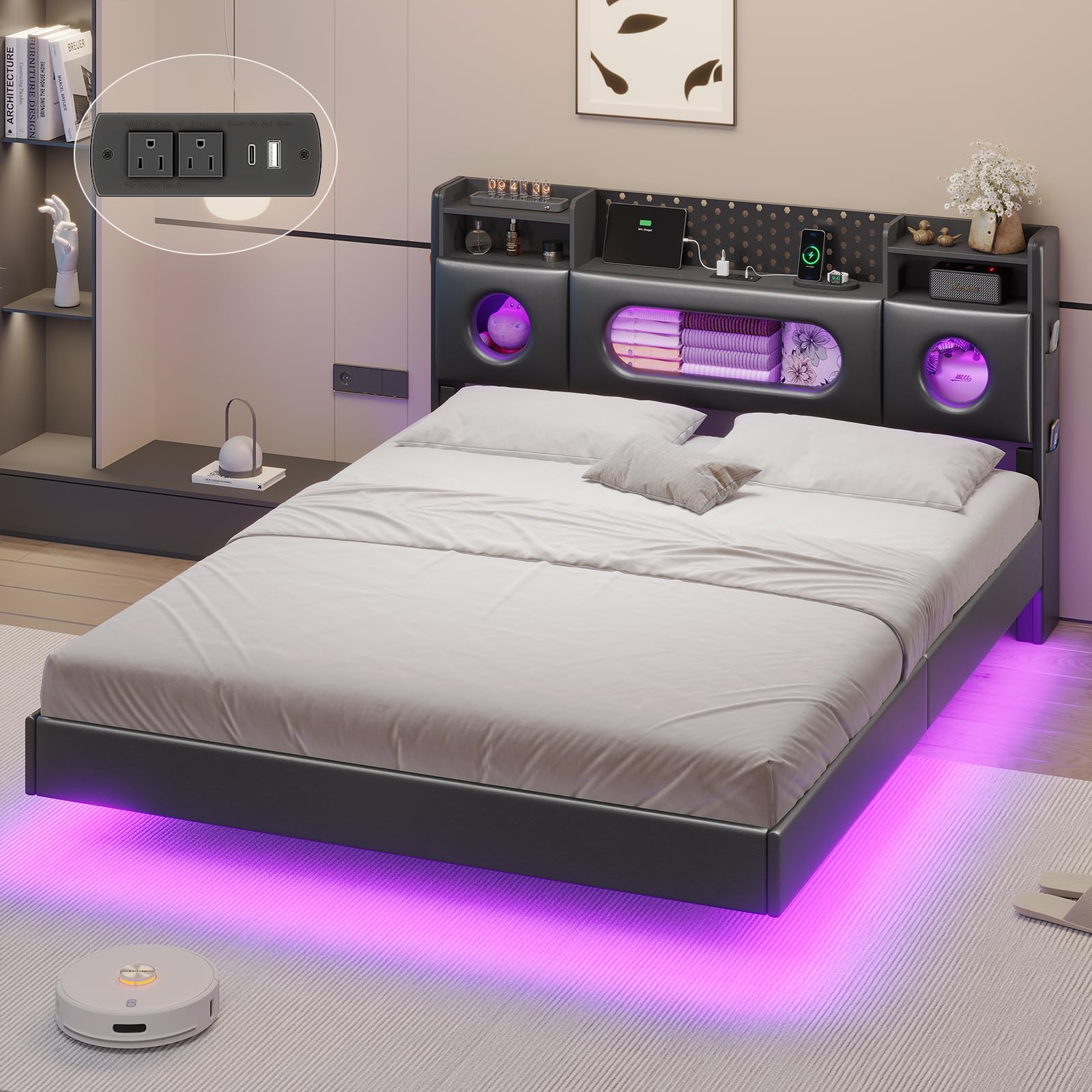 Floating Queen Bed Frame with LED Lights & Charging Station