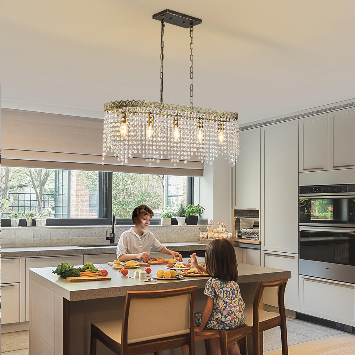 KAIQI 5 Lights Rectangle Oval K9 Crystal Chandelier Antique Bronze Pendant Light Fixture for Dining Room, Living Room, Pool Table Light, Kitchen Island Lighting，L31.5Inchs x W8.66Inchs x H11Inchs