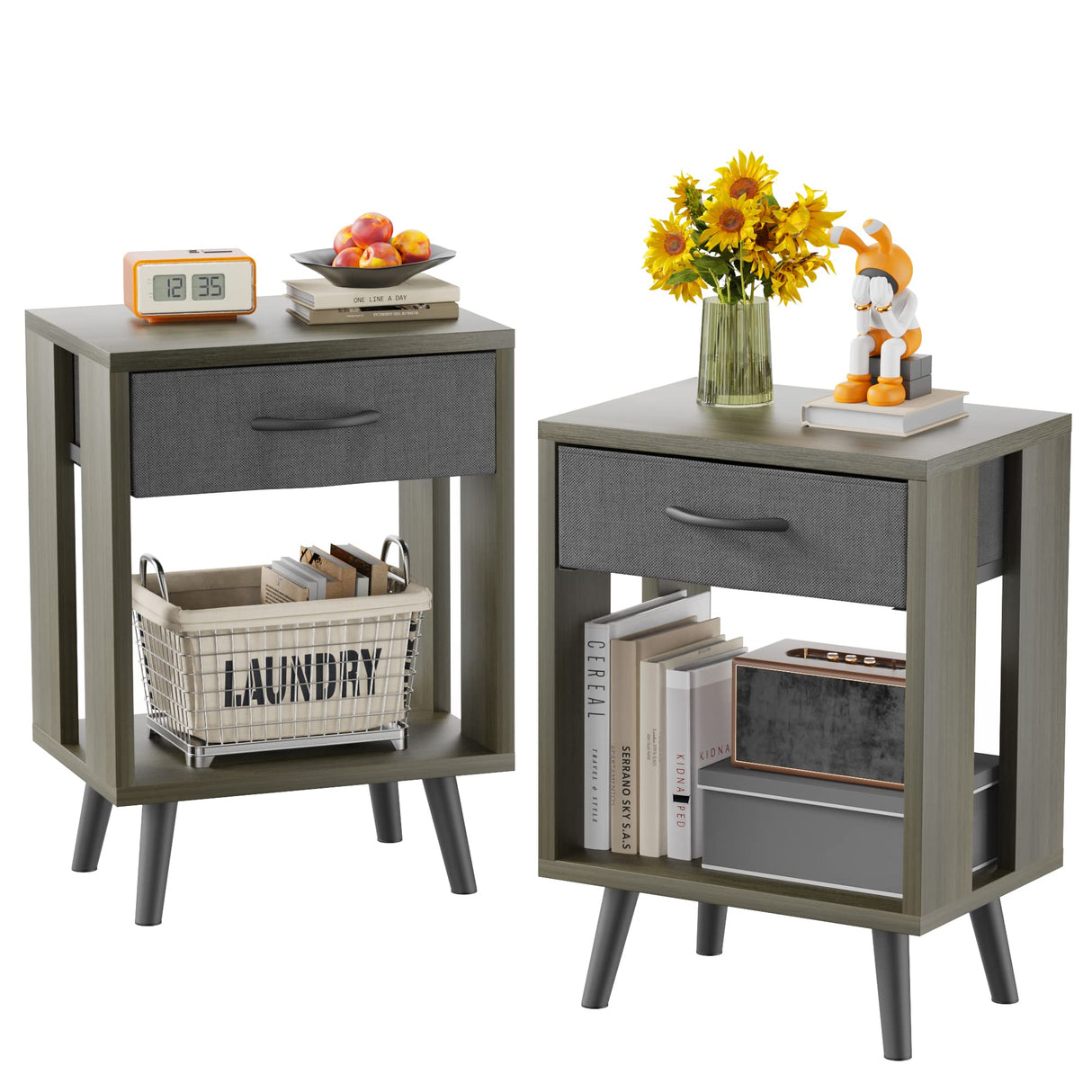 Nightstand Set of 2 with Fabric Drawers and Open Shelves - Gray Bedroom