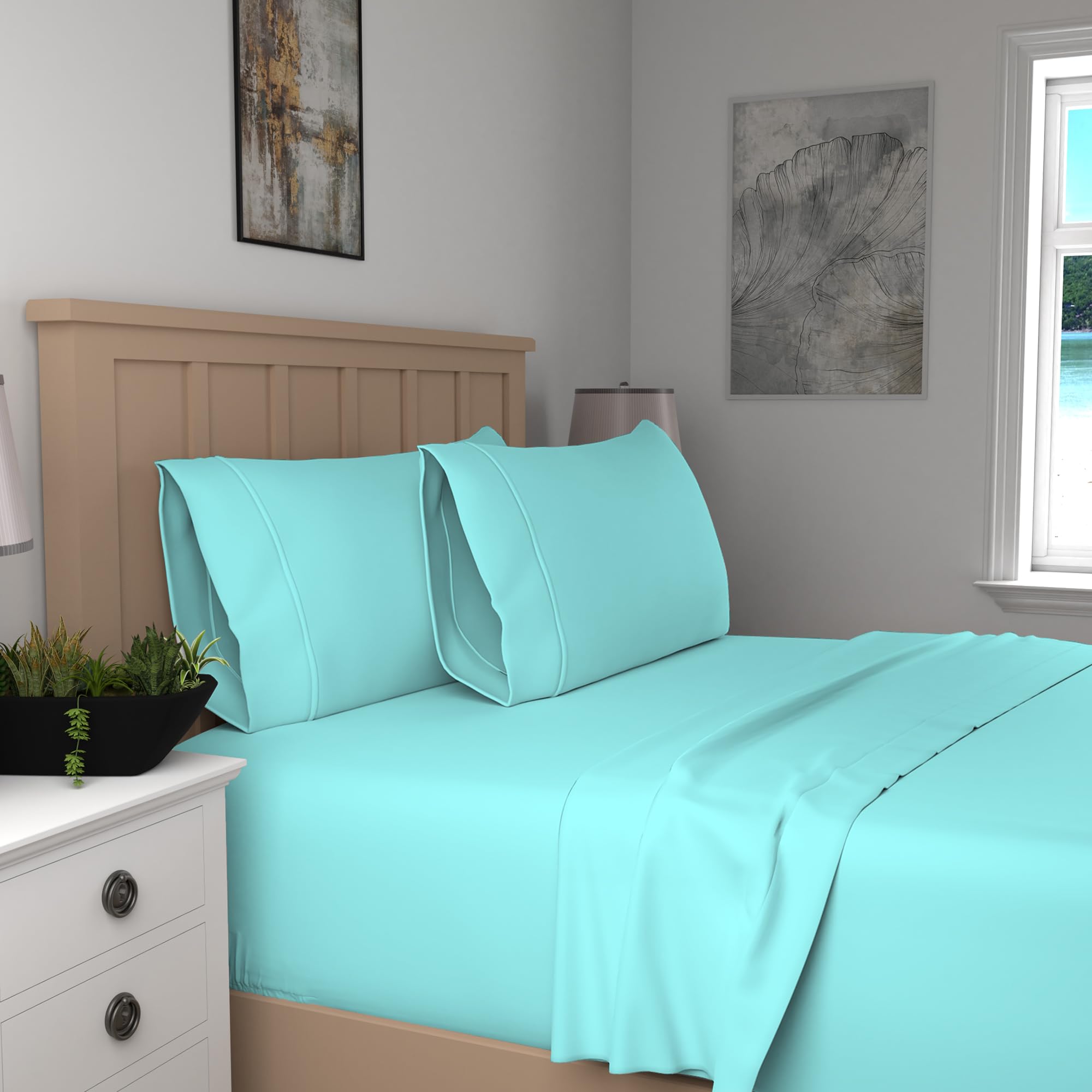 Organic 100% Cotton Twin Turquoise Sheet Set, 300 Thread Count Percale Weave Sheets