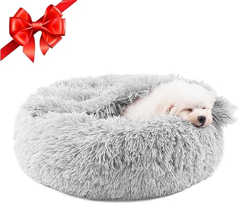 Dog Beds for Small Dogs, Donut Dog Bed with Blanket Attached, Calming Dog