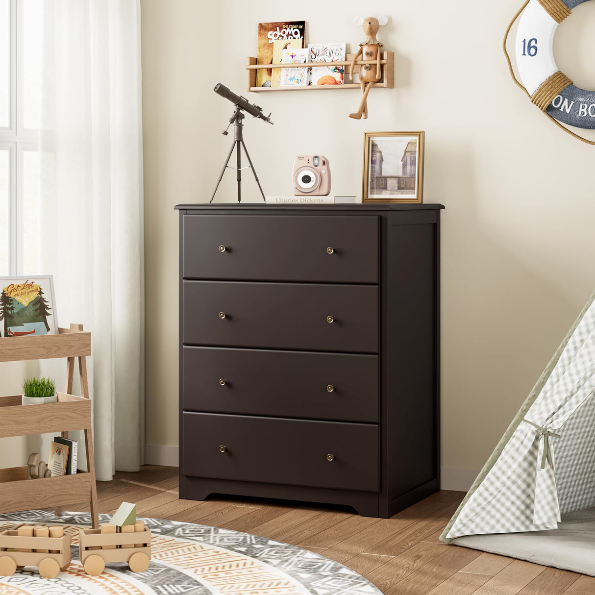 HOUSUIT Dresser, 4 Drawer Dressers Chests of Drawers, Modern Tall Dresser, Wood Drawer Chest Storage Cabinet for Living Room, Hallway, Entryway, Home Office, Dark Brown