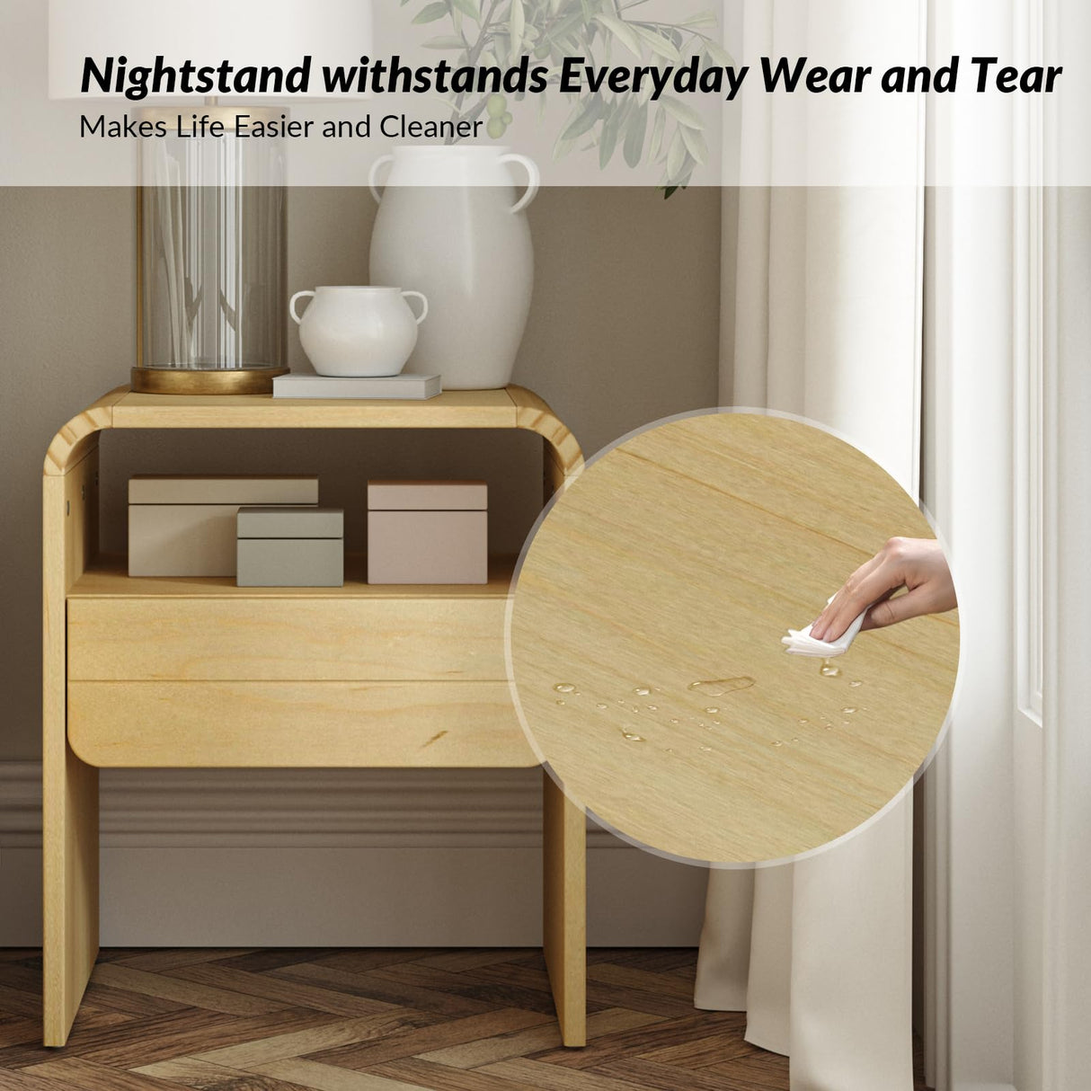 Nightstand with 1-Drawer, Modern Curved-Top Nightstand, Night Stand for Small Spaces,