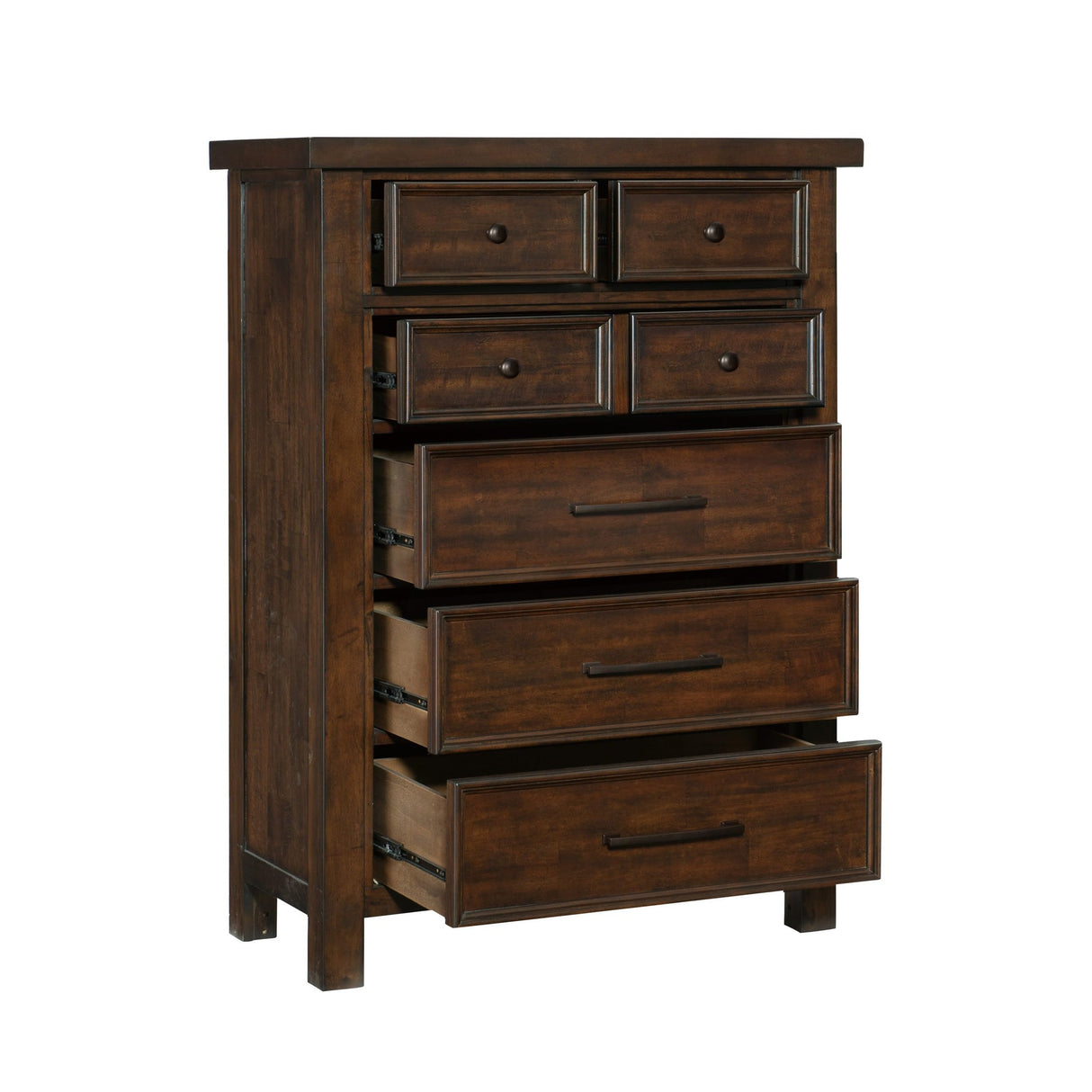 Saul 55 Inch Tall Dresser Chest, Brown, 6 Drawers, Dark Bronze Handles