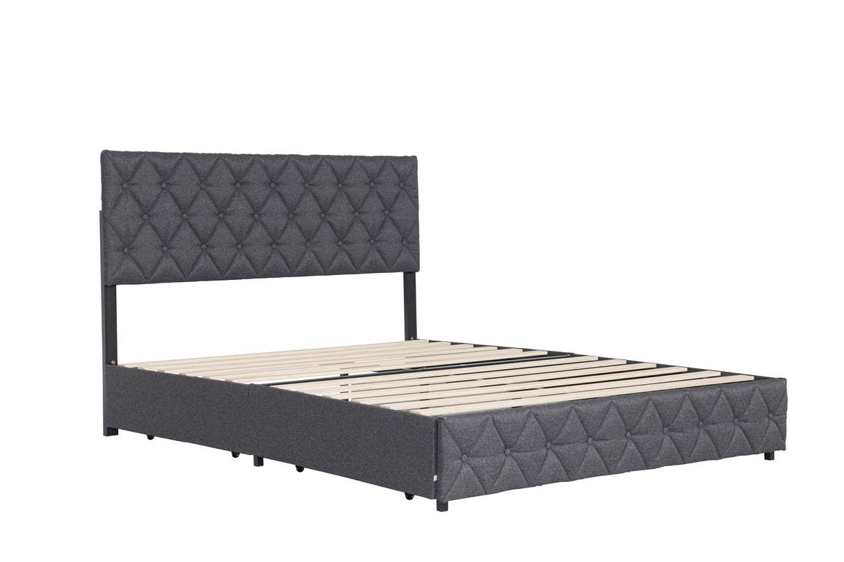 Full Size Upholstered Platform Bed Frame with Adjustable Headboard & 4 Storage Drawers