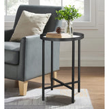 Round Side Table, Black End Table with Mirror Top, Metal Coffee Accent Table