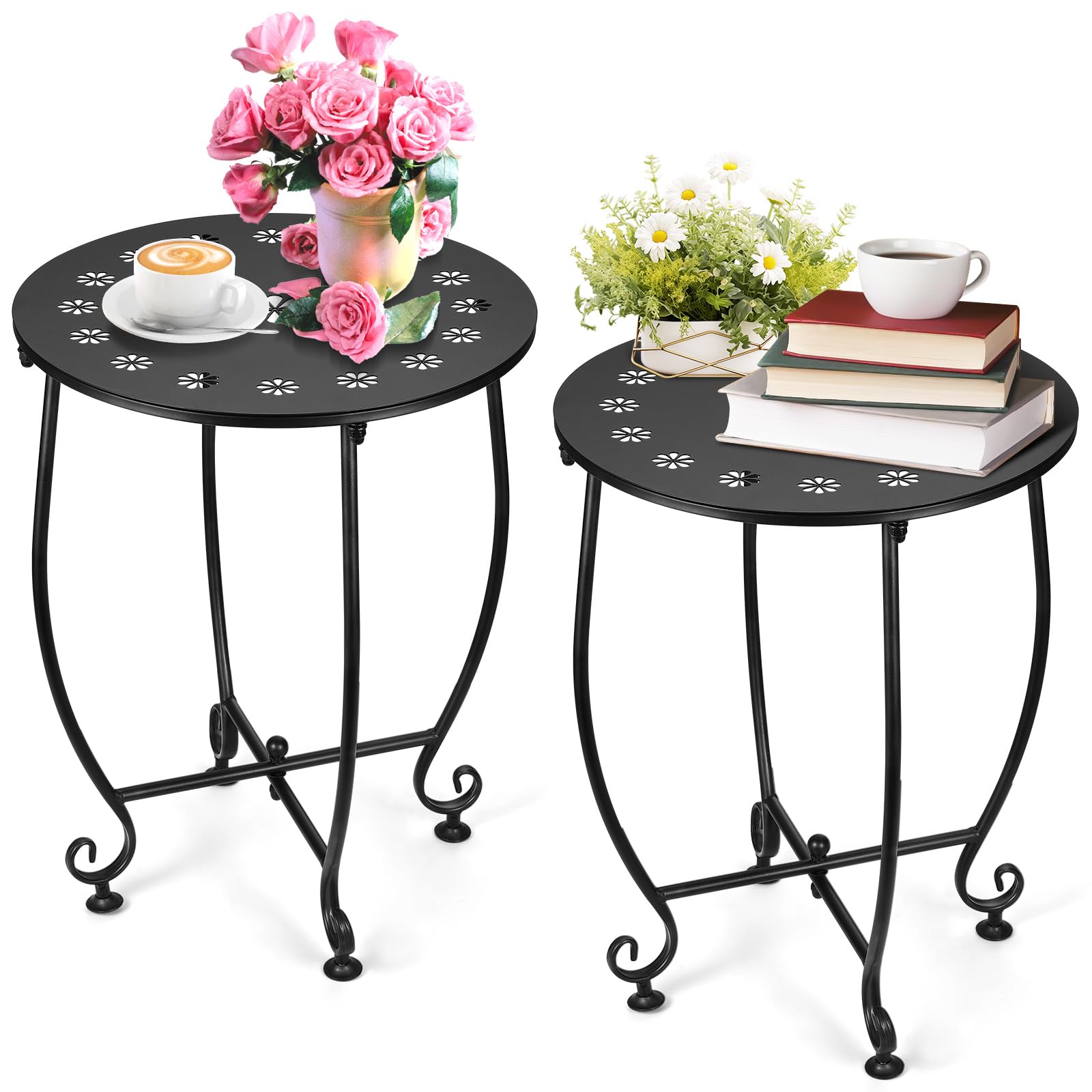 DARCKLE 2 Pack Outdoor Side Tables for Patio, Weather Resistant Steel Patio Side Table, Small Round Outdoor End Table Metal Side Table for Patio Yard Balcony Garden Black (Petal) - Bircata