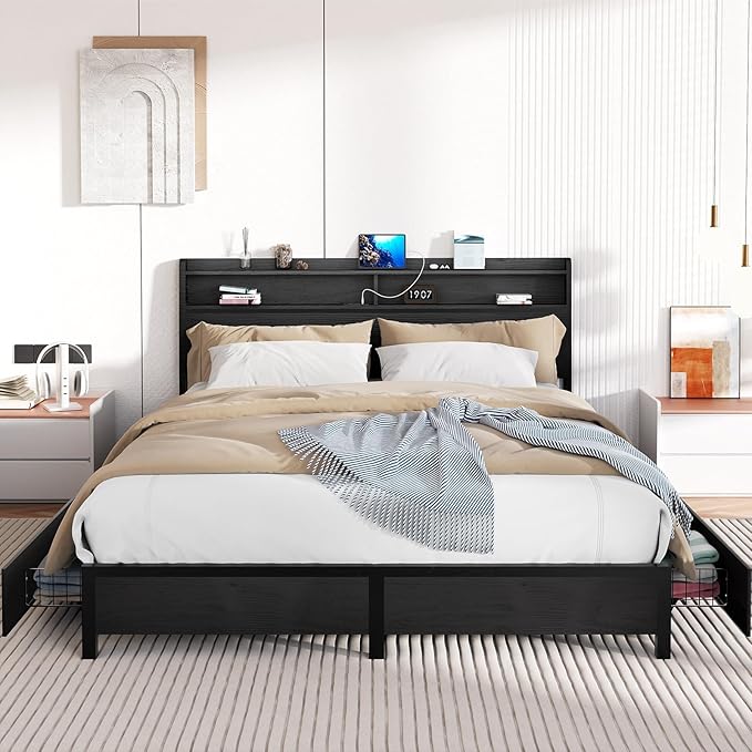 Queen Bed Frame with Storage Headboard and 4 Drawers, Metal Platform Bed Frame