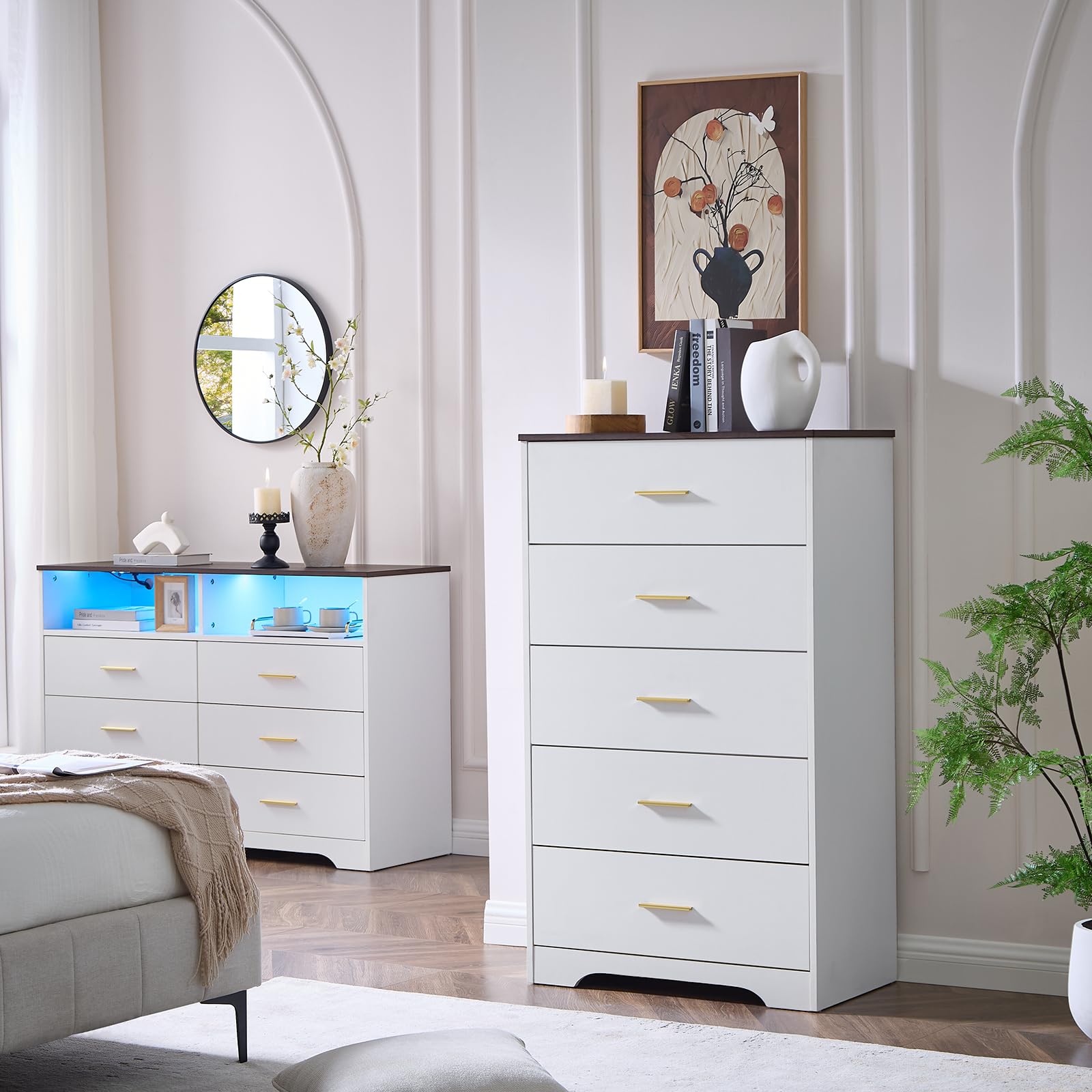 White Dresser for Bedroom Wooden, 5 Drawer Dressers