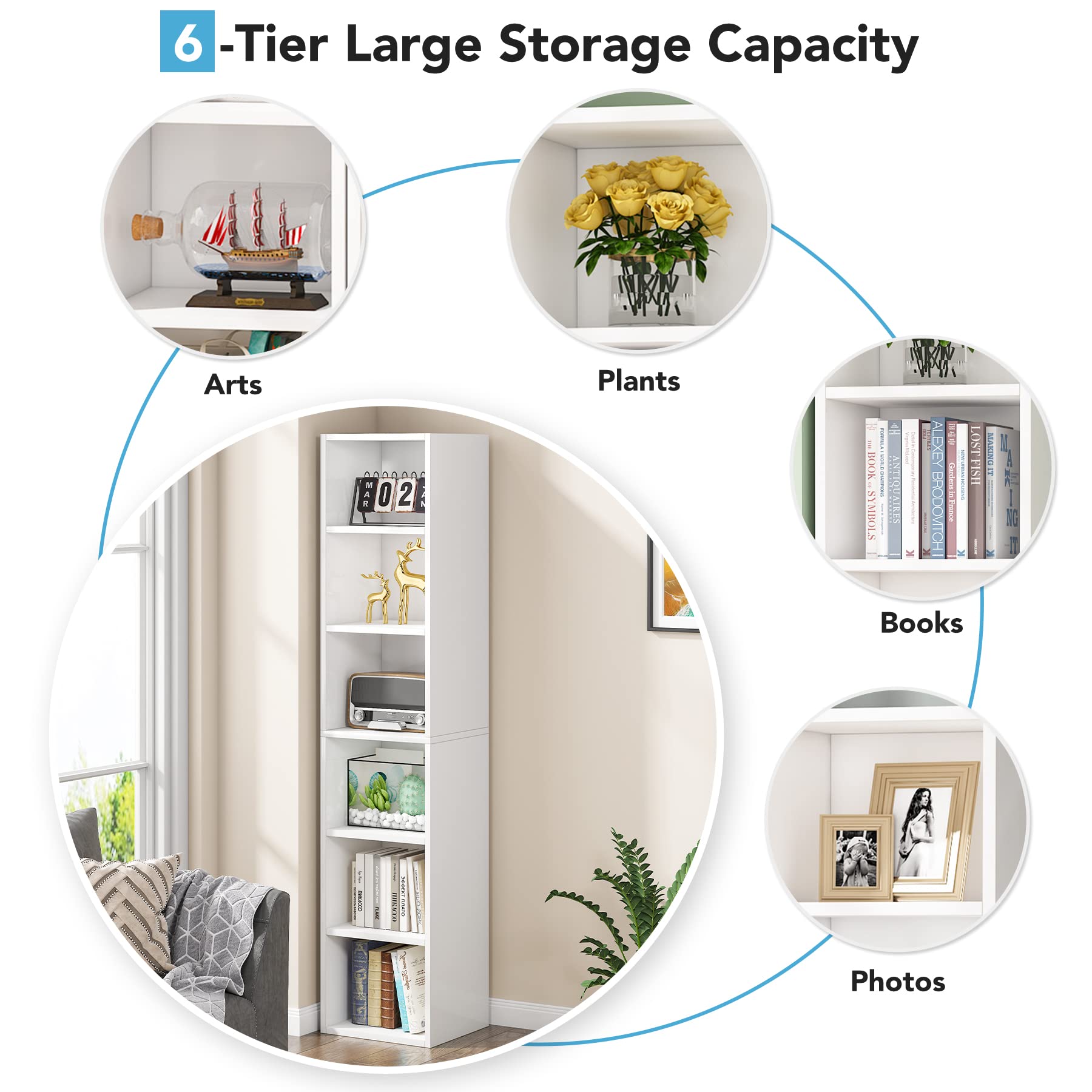 LITTLE TREE 70.9 Inch Tall Narrow Bookcase, Corner Bookshelf 6 Tier Cube Display Shelf Storage Organizer for Small Space, White
