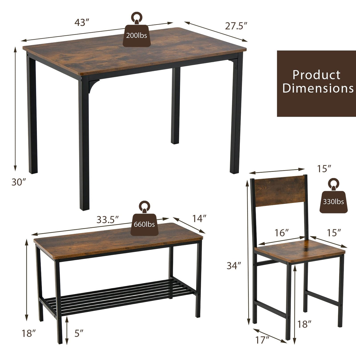 Moccha Dining Table Set for 4, Wooden Kitchen Table with with 2 Chairs