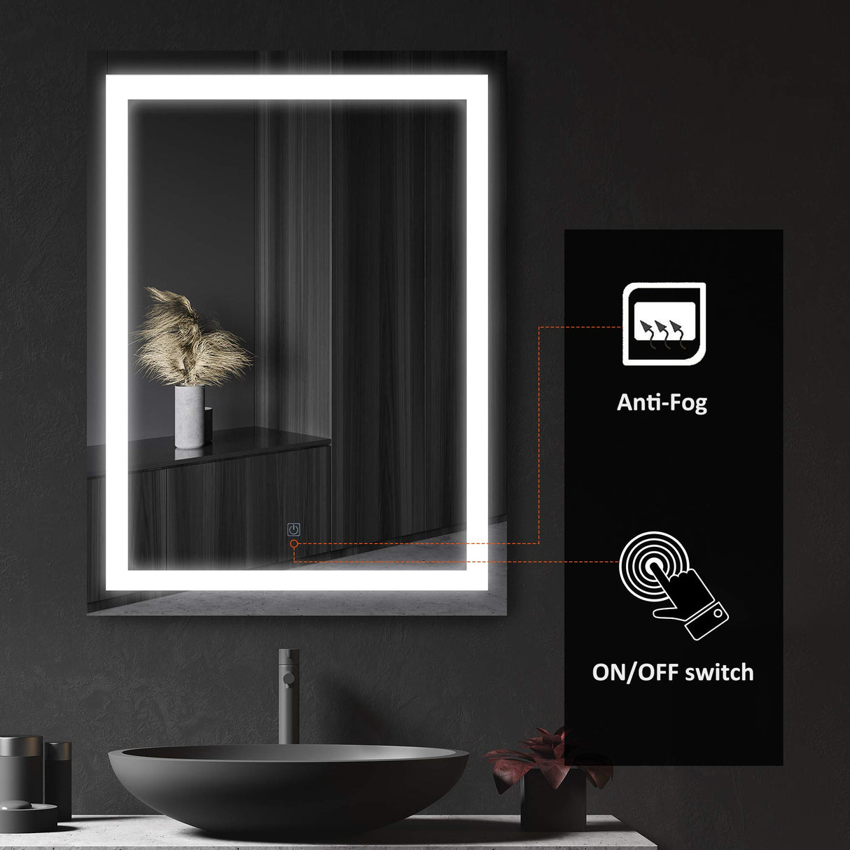 LED Bathroom Mirror Wall Mount Vanity Make Up Mirror with Dimmable Touch Switch