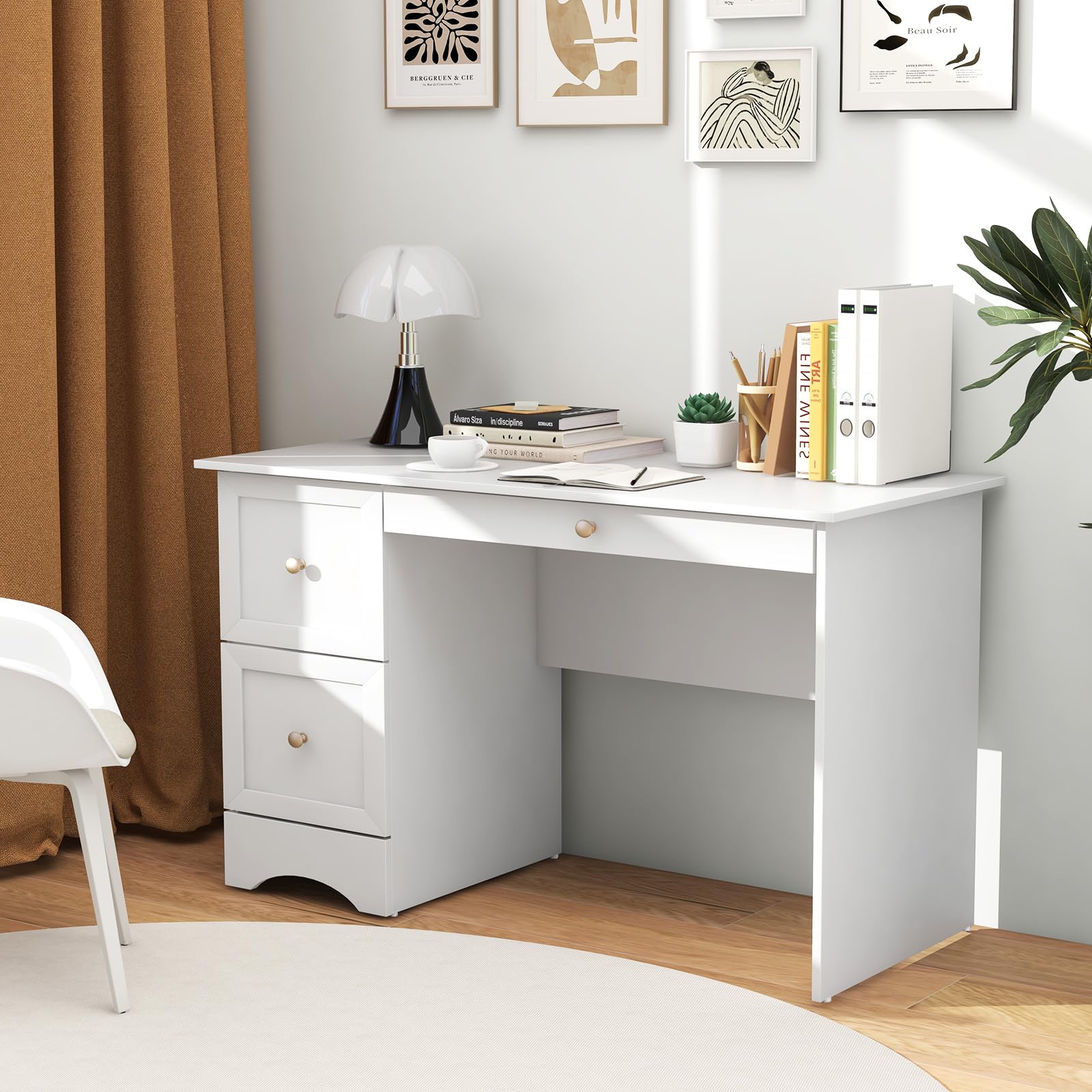 White Desk with 3 Drawers, Wooden Home Office Desk PC Laptop Notebook Desk