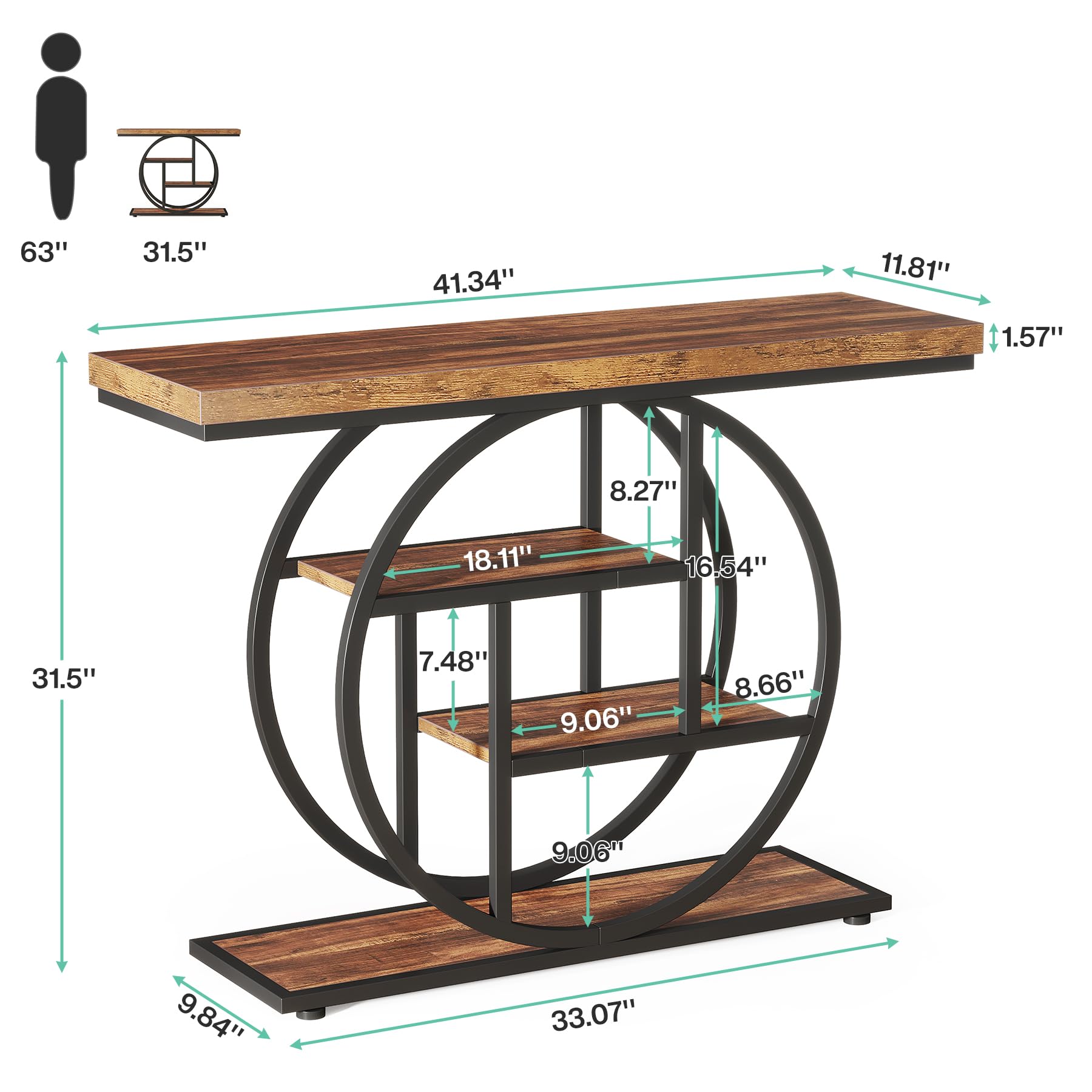 41.3" Console Table, Industrial 4-Tier Sofa Table Entryway Table with Circle Base