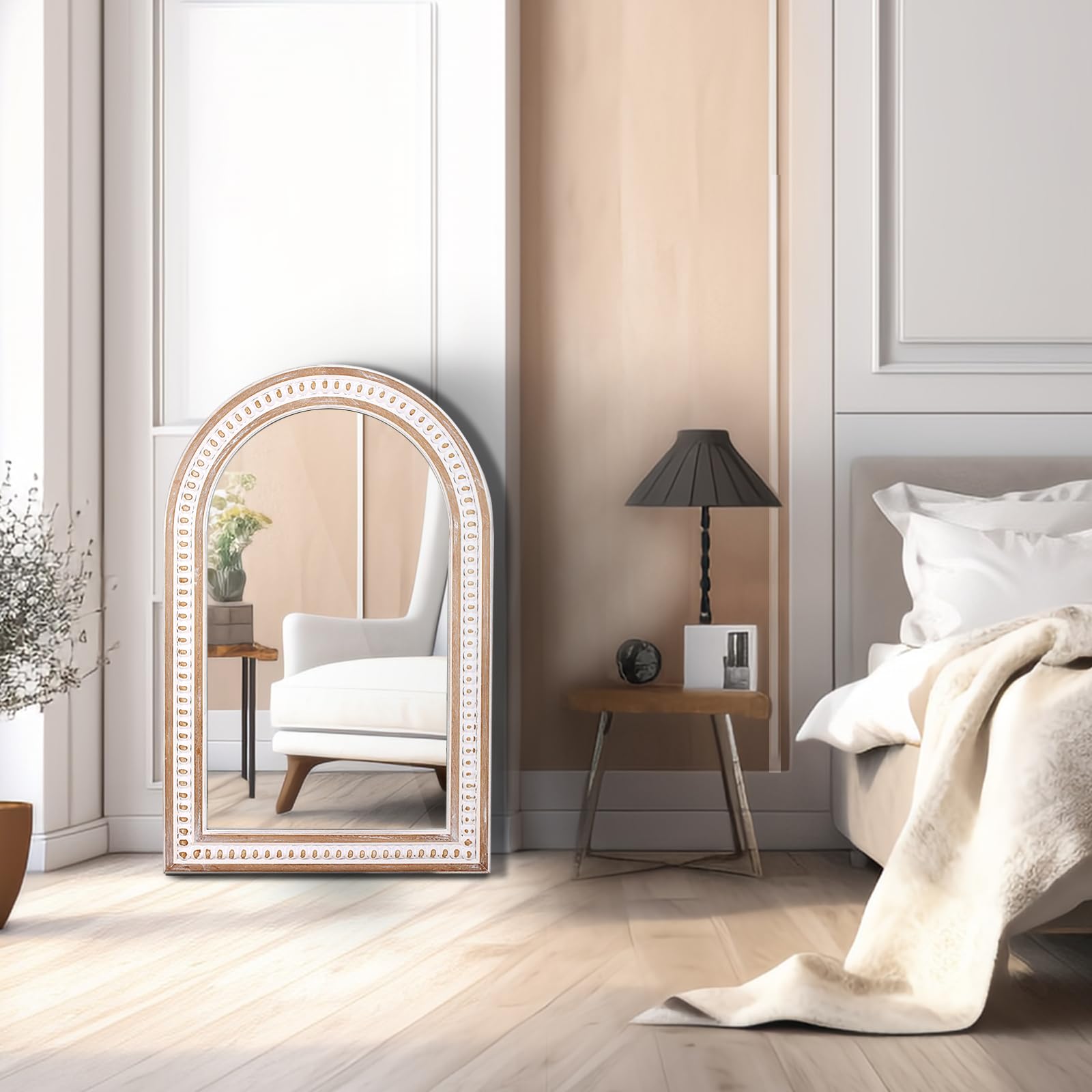 Arched Wall Mirrors Boho Mirror - 36x24'' Decorative Mirror Wooden Frame Bathroom