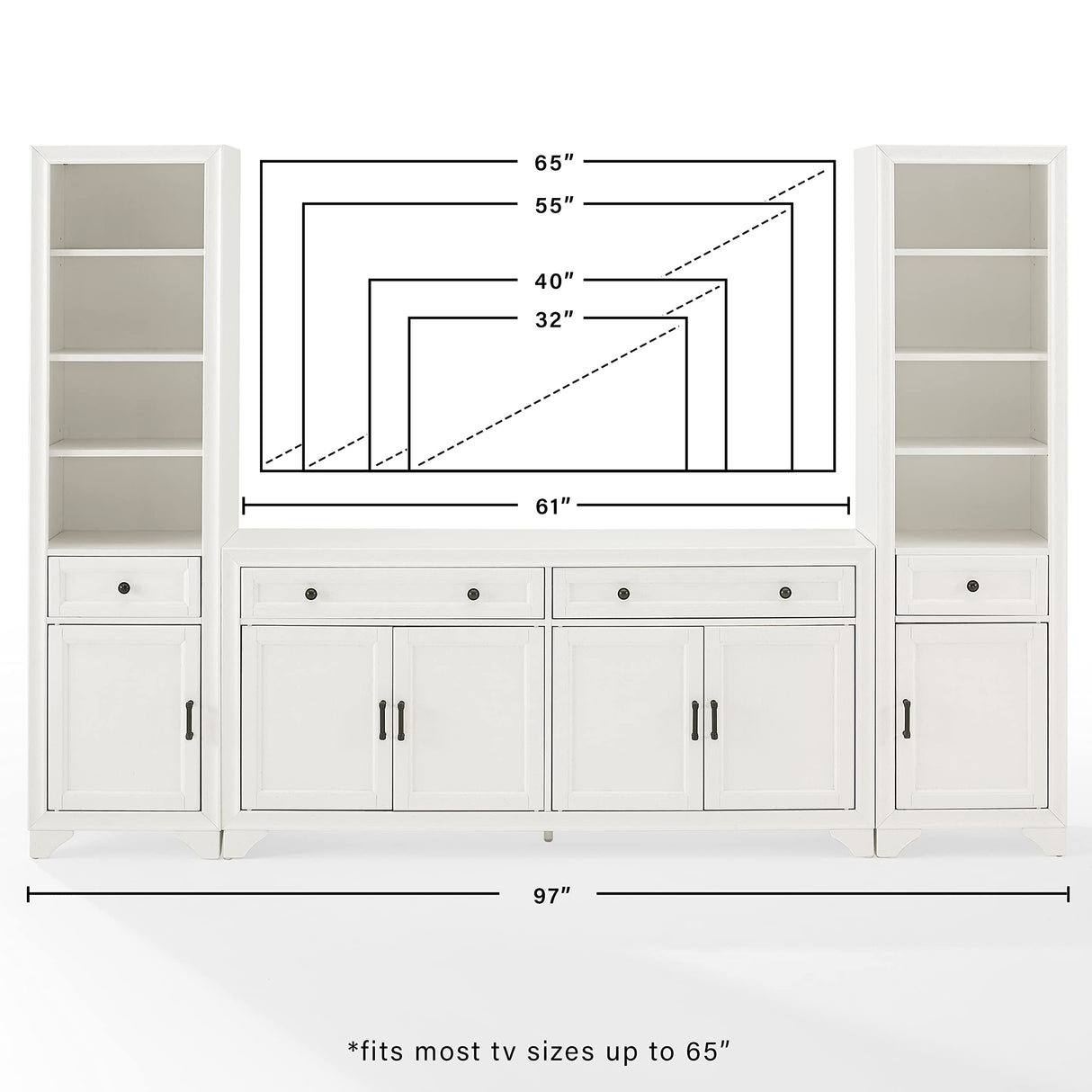 Tara 3-Piece Entertainment Set with Sideboard and 2 Bookcases, Distressed White