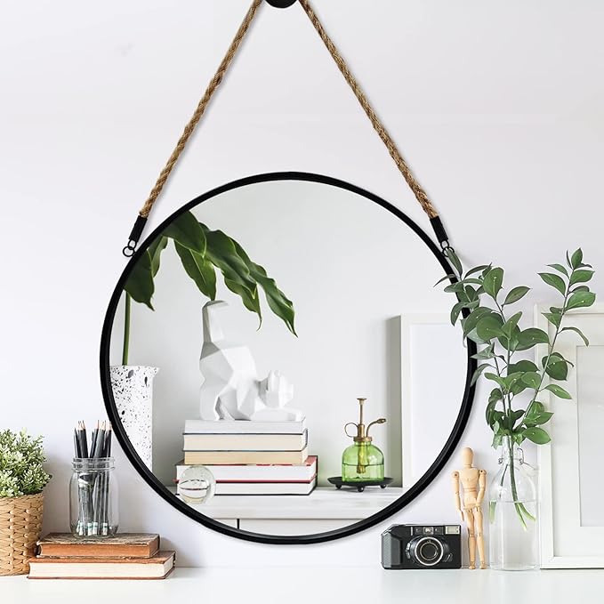 Round Hanging Mirror, Circle Wall Mirror with Rope, Farmhouse Mirror