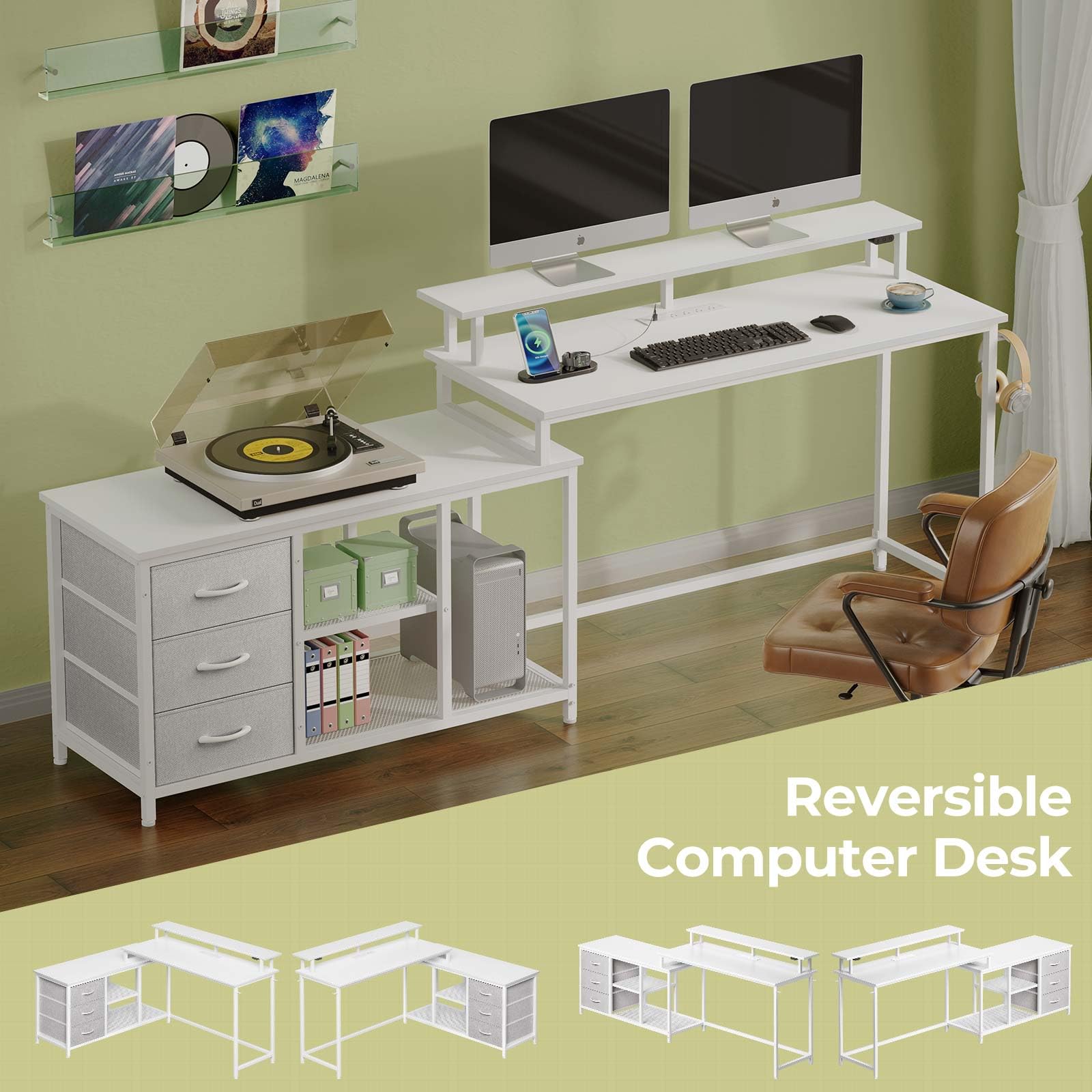 Seventable L Shaped Computer Desk with Drawers, Reversible Gaming Desk with LED Lights & Charging Port, Corner Desk with Storage Shelves & Monitor Stand for Home Office White
