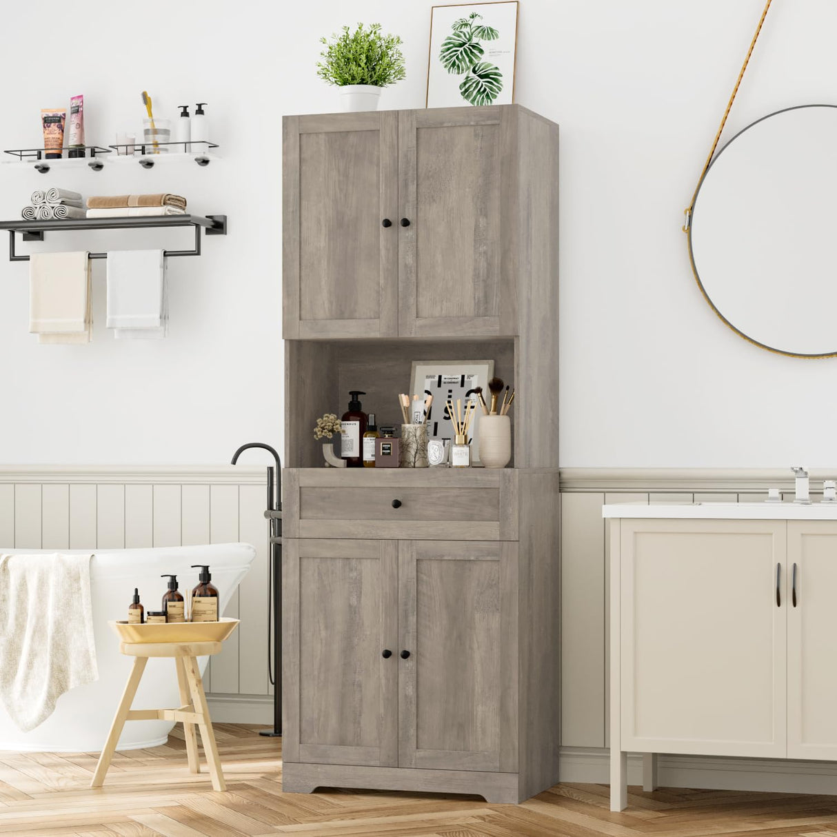 Tall Bathroom Storage Cabinets, Modern Farmhouse Linen Storage Cabinet with 4