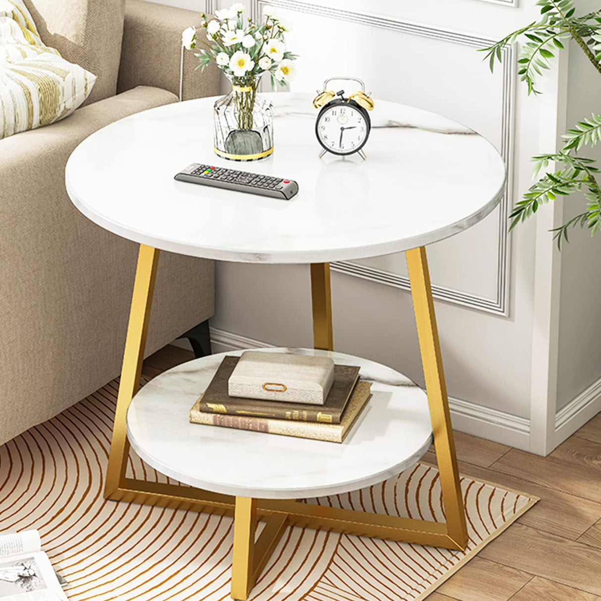 2-Tier Sofa Side Table, Modern Small Round End Table, Ideal as Bedside Table