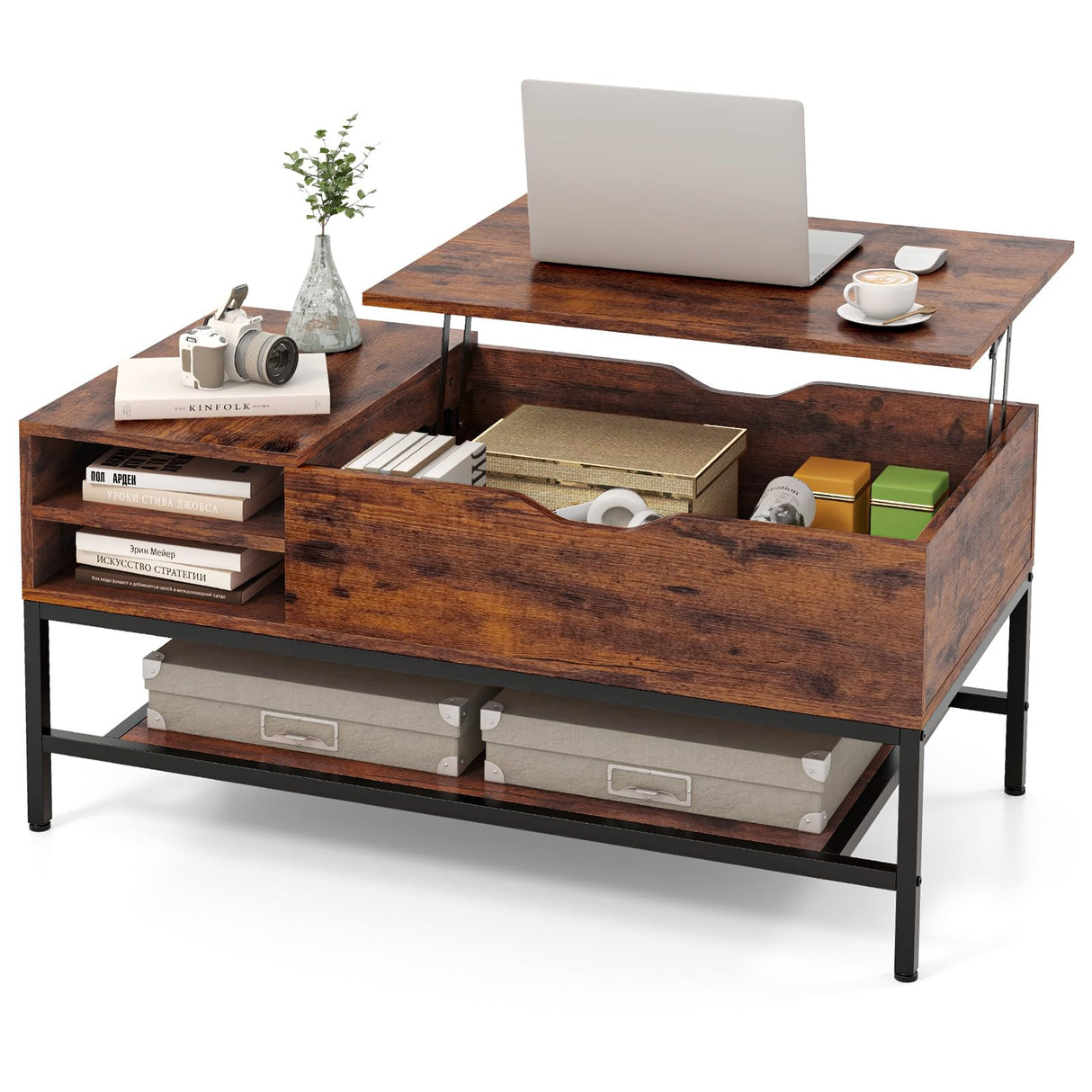 Lift Top Coffee Table, Coffee Table with Storage Shelf and Hidden Compartment