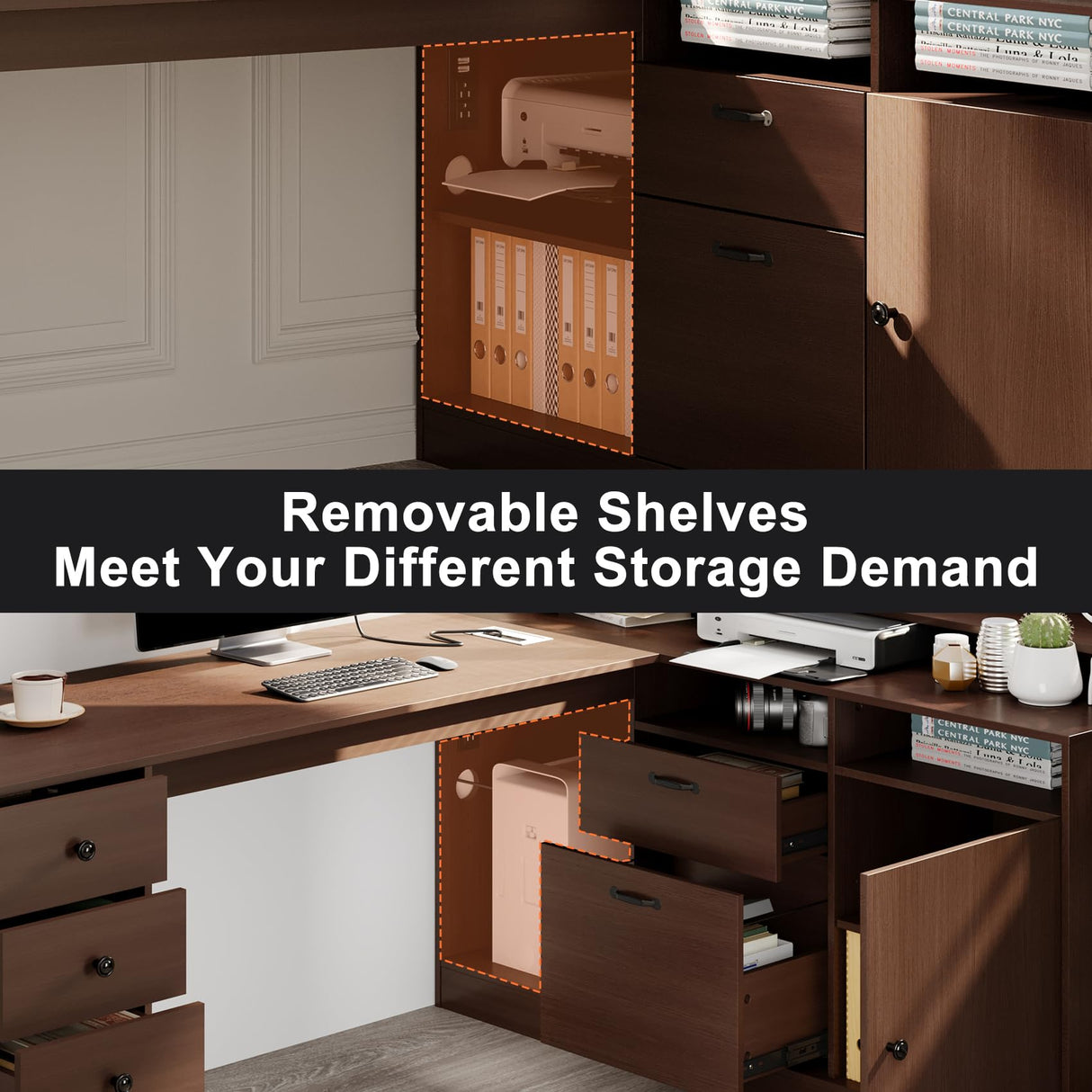 L Shape Desk - Executive desk with Drawers and Cabinet Storage, Charging Station