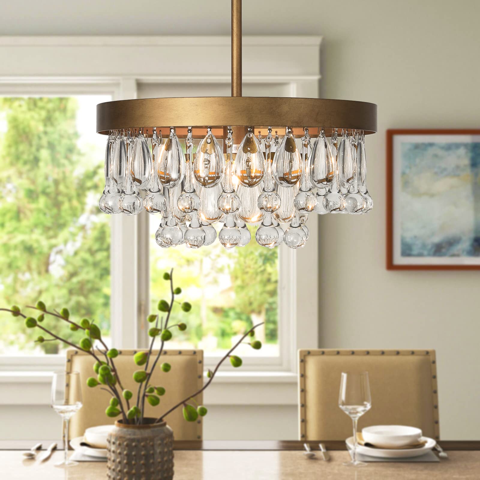 SEOL-Light Antique Gold Crystal Round Tiered Flush Chandeliers Small Pendant Light Fixture for Kitchen,Closet,Entryway,1 Light,40W,E12,12 Dia*6" H;