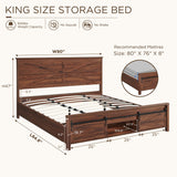 King Farmhouse Wood Bed Frame with Sliding Barn Door Storage Cabinets, Solid Wood