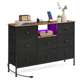 Dresser with Power Outlets and LED Lights, Fabric Chest of Drawers,