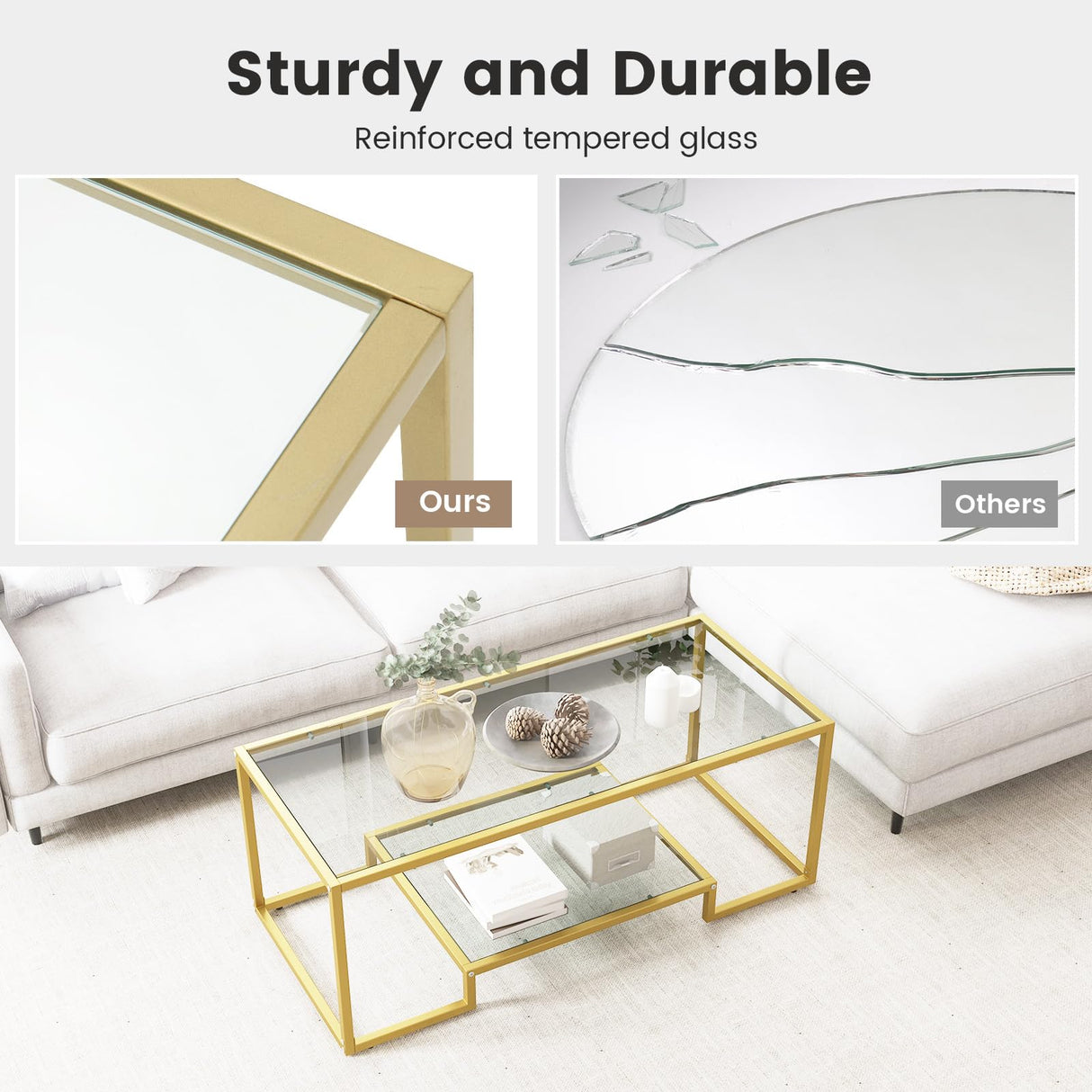 Glass Coffee Table, 45 Inch Gold Rectangular Modern Center Table