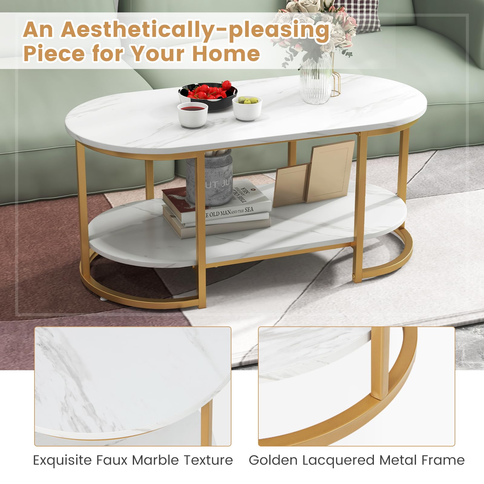 Modern Coffee Table 2 Tier, 39” Oval Coffee Table with Faux Marble