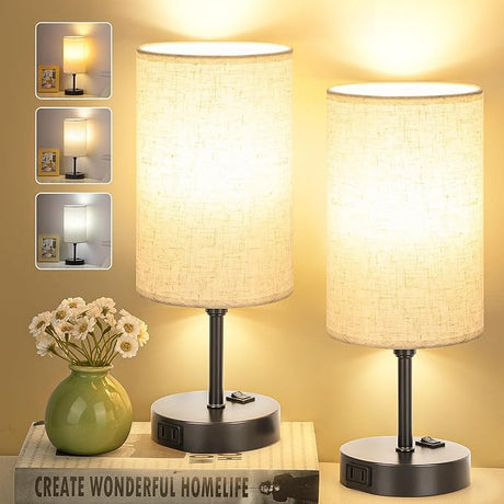 Bedside Table Lamp,3-Way Dimmable Bedside Lamps 2700K 3500K 5000K with AC Outlet