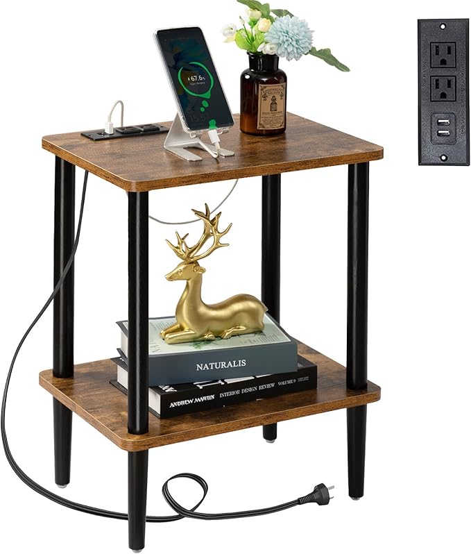 Side Table, End Table with Charging Station, Small Bedside Table Small Side