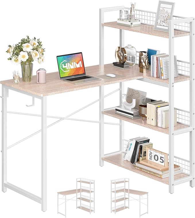 39.4" Small Computer L Shaped Desk with 4-Tier Bookshelf and 6 Hooks