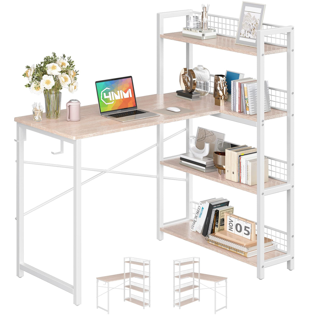 39.4" Small Computer L Shaped Desk with 4-Tier Bookshelf and 6 Hooks