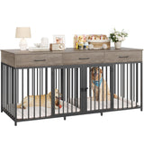 Double Dog Crate Furniture 71" Wide with 3 Drawers - Heavy Duty Wooden Kennel for 2 Large Dogs