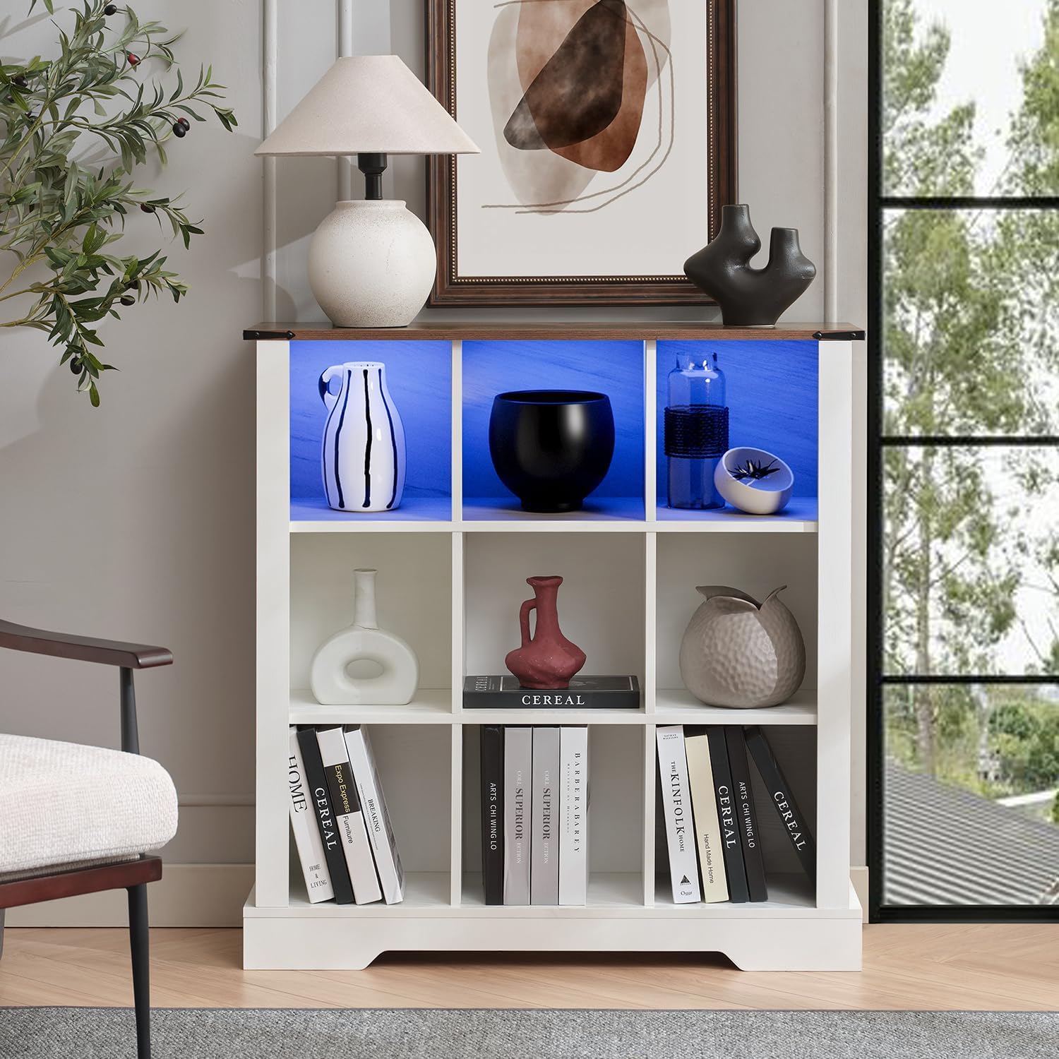 Cube Bookcase with Led Lights, 3 Tier Vintage Wood Bookshelf, Display Cabinet for Home Office, Living Room, Bedroom (White, 9)
