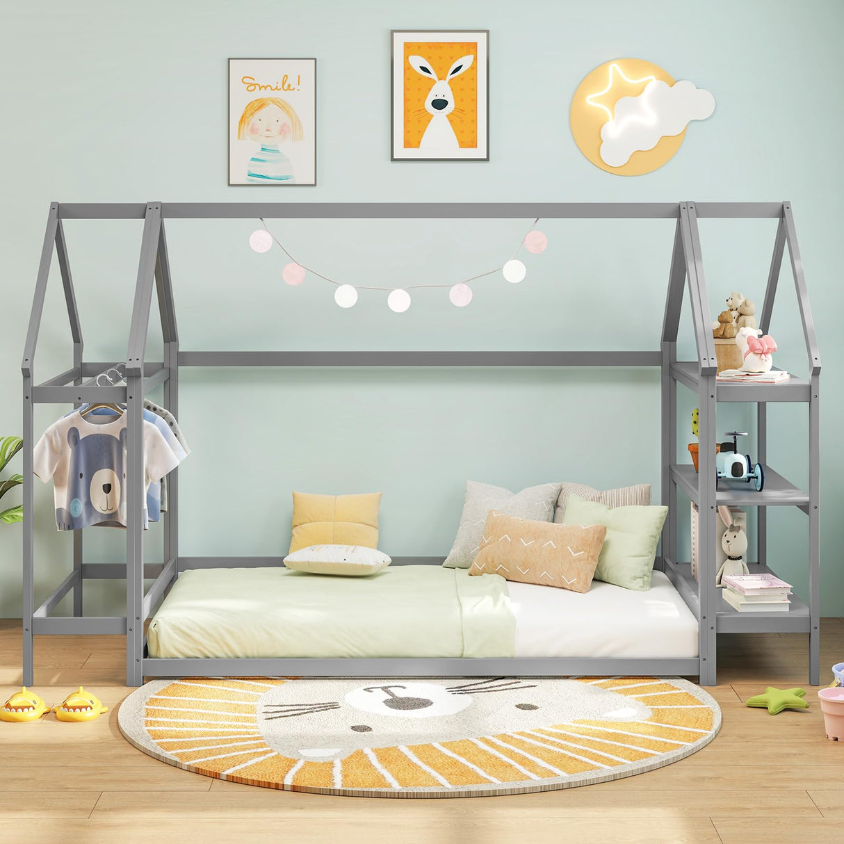 Twin Floor Bed, Wood Montessori Floor Bed with Detachable 3 Tier Storage Bookshelf & Clothes Rack