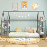 Twin Floor Bed, Wood Montessori Floor Bed with Detachable 3 Tier Storage Bookshelf & Clothes Rack