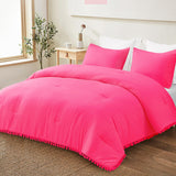 Boho Pom Pom Ball Fringe Twin Comforter Set, 2 Piece Hot Pink Lightweight