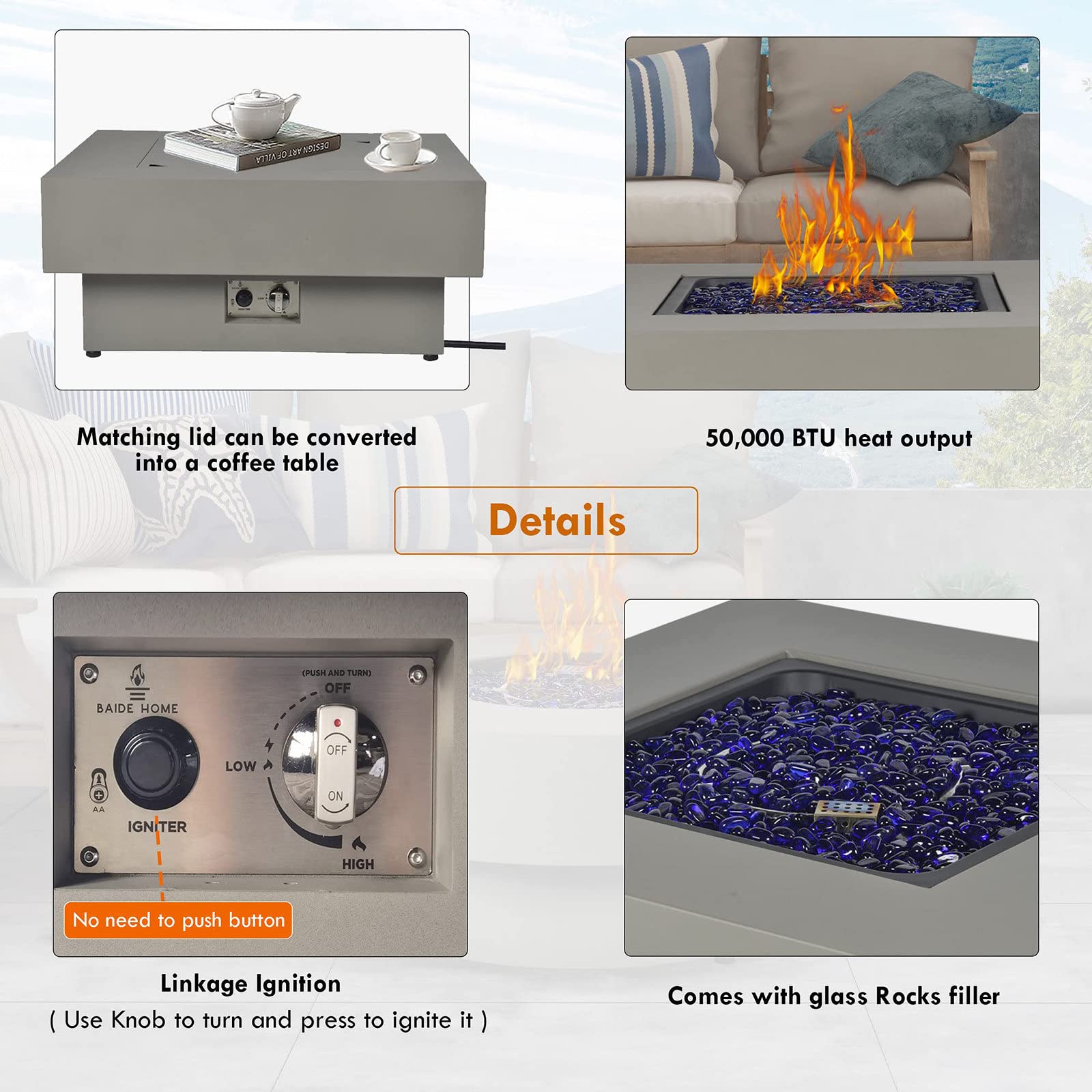 BAIDE HOME Propane Fire Pit Table, 33-inch 50,000 BTU Outdoor Gas Fireplace for Patio, Square Low Profile Fire Table w/Lid, Glass Rocks, Rain Cover, Pre-Attached 10ft Propane Hose, Flint Gray