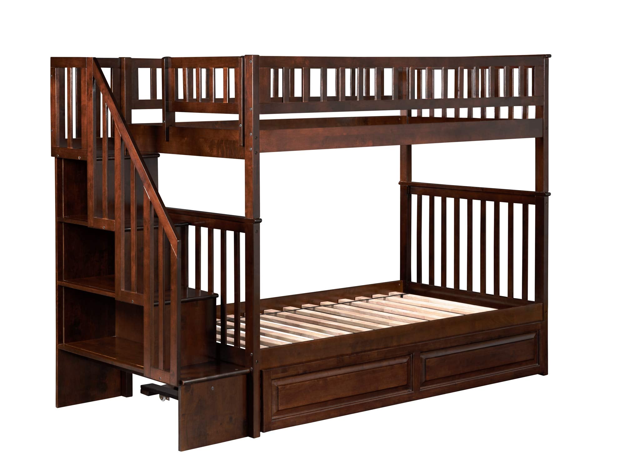 Woodland Staircase Bunk Bed Twin Over Twin with Twin Size Raised Panel Trundle and Attachable USB Charger