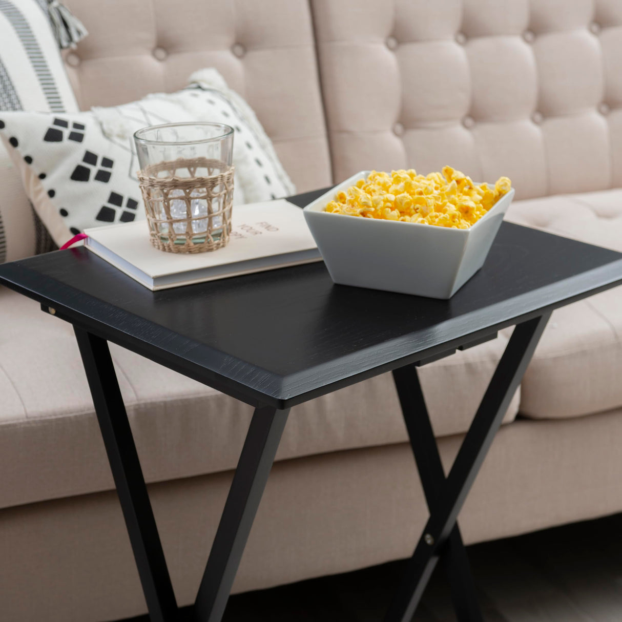 Black Kearney Five Piece Folding Snack Trey Table Set with Nesting Stand