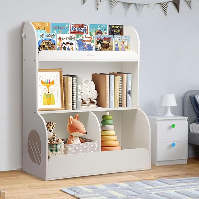 Bookshelf & Montessori Toy Storage Cubby, 3 Tiers Children Wooden Bookcase