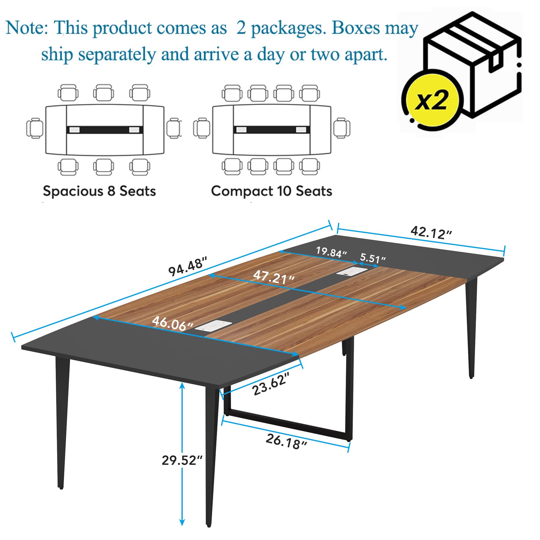 8FT Conference Table, 94.48L x 47.24W x 29.52H Inches Boat Shaped Meeting Table